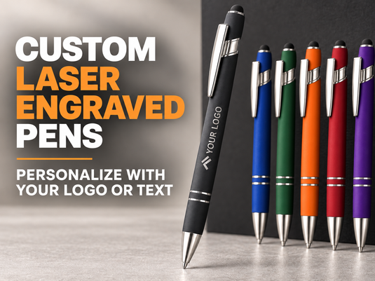 Custom laser engraved stylus pens shown in black, blue, green, orange, red and purple