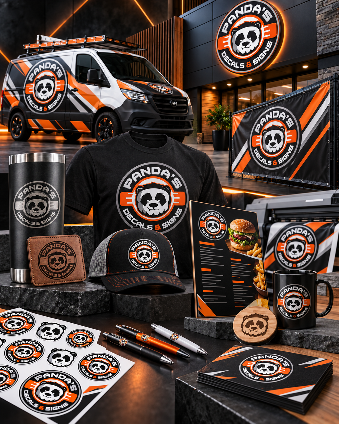 Pandas Decals and Signs branded mural featuring vehicle wraps, signs, banners, apparel, embroidery, stickers, engraving, promotional products, menus and business cards