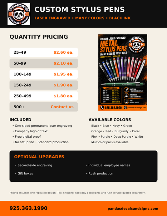 Pandas Decals & Signs custom stylus pens quantity pricing and options